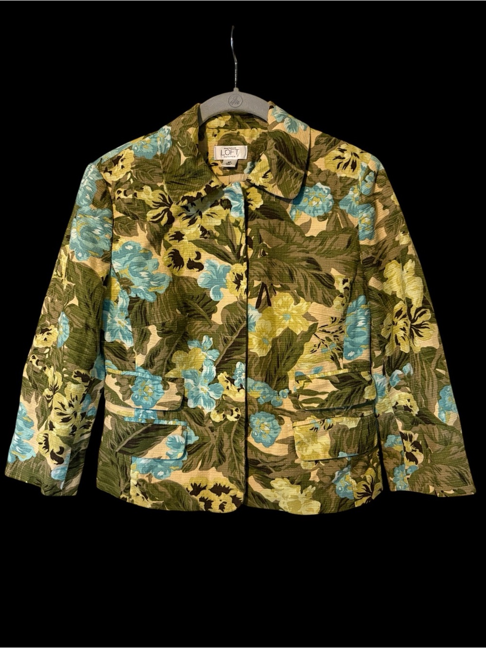 LOFT Green Floral Blazer with Blue and Yellow Blooms